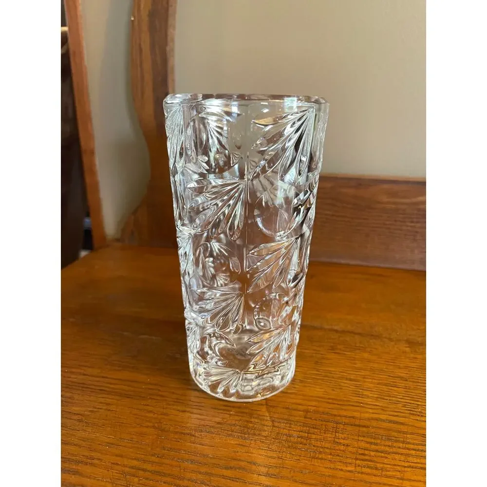 Vintage MCM Czech Republic Clear Cut Pressed Glass Cylander Vase 6 7/8”